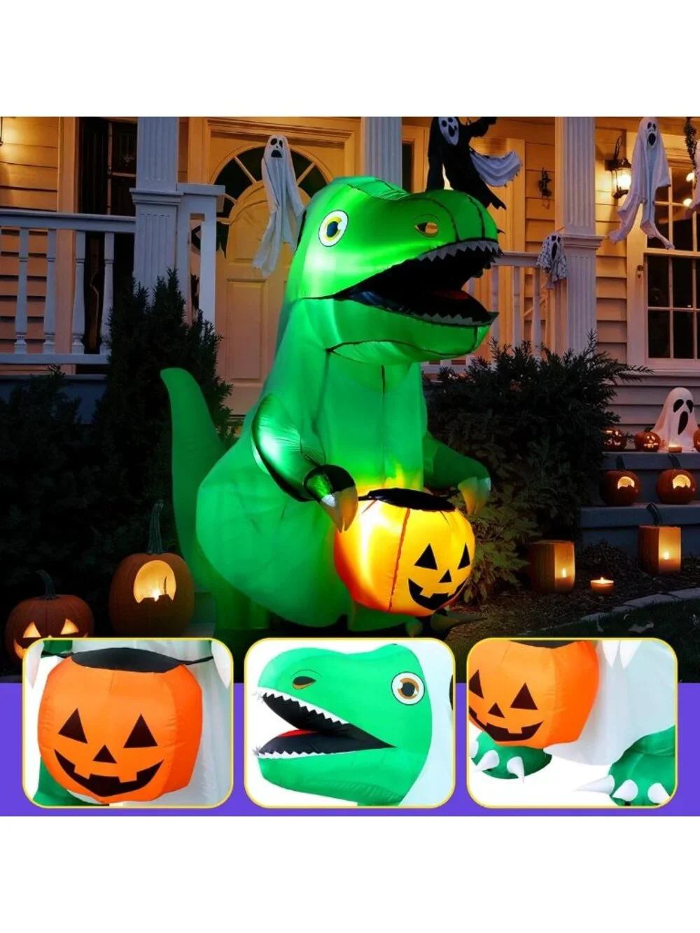 6 FT Halloween Inflatable Dinosaur with Pumpkin & Ghost - LED Yard Decor